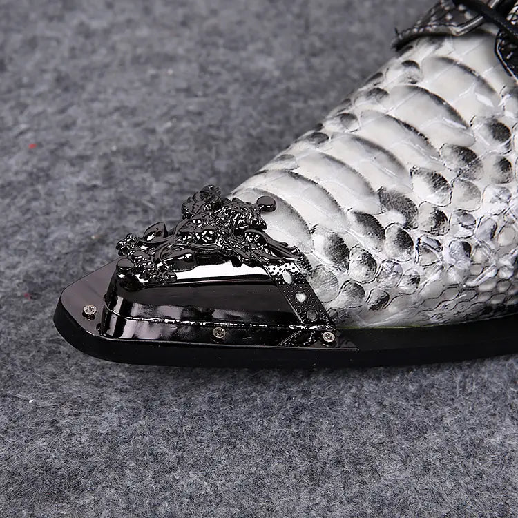 Ornate white snakeskin dress shoe featuring stylish metal hardware for men’s formal shoes.