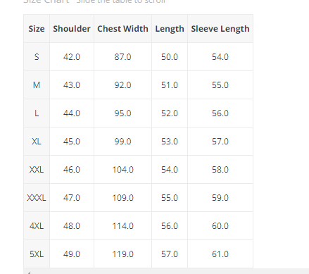 Size chart for Womens Western Denim Jacket with Pearl Details and Loose Sleeves.