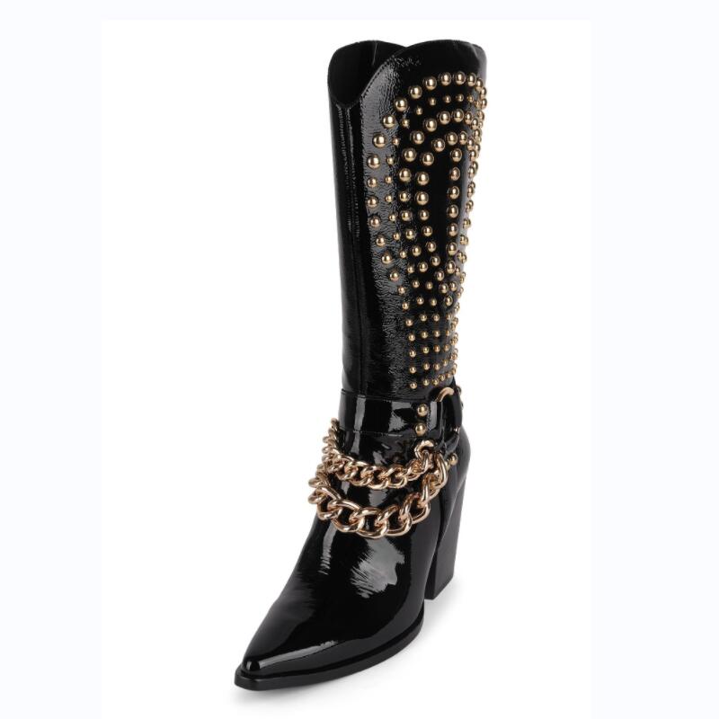 Western cowboy boots thick heel Rivet belt buckle Black Patent leather - Pleasures and Sins   Pleasures and Sins