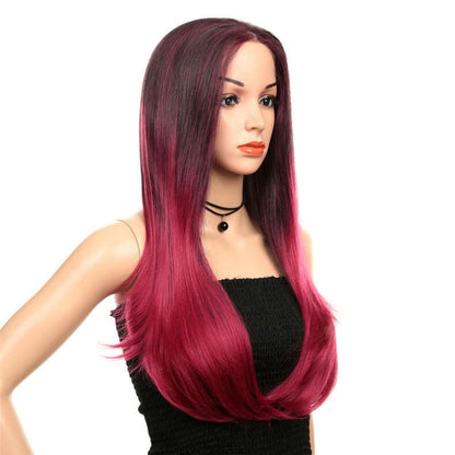 Long wig with ombre coloring from dark purple to vibrant pink.