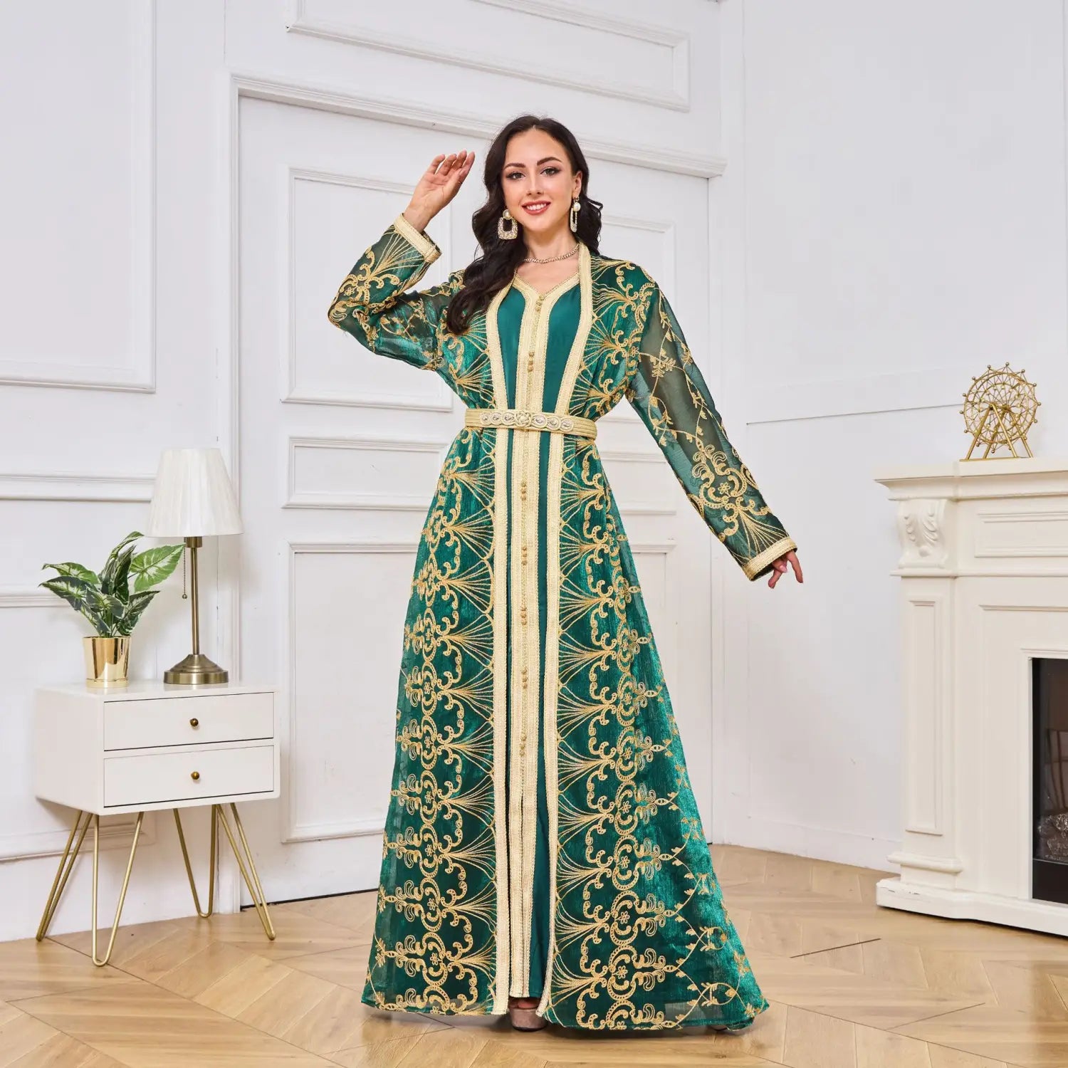 Muslim robe womens embroidered long two-piece dress set