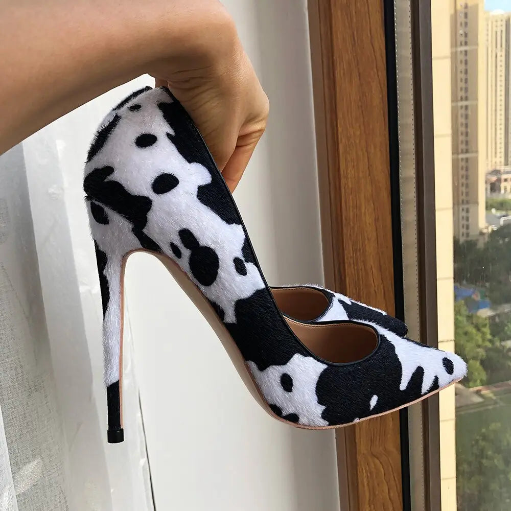 Cow Print Hairy Flock Pointed Toe High Heels in trendy black and white cow print design.