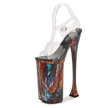 26cm Paint Splash Transparent Open Toe Platform Heels Black