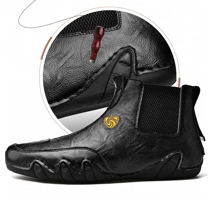 Black leather ankle boot with yellow logo, perfect warm men’s casual shoes for everyday wear.