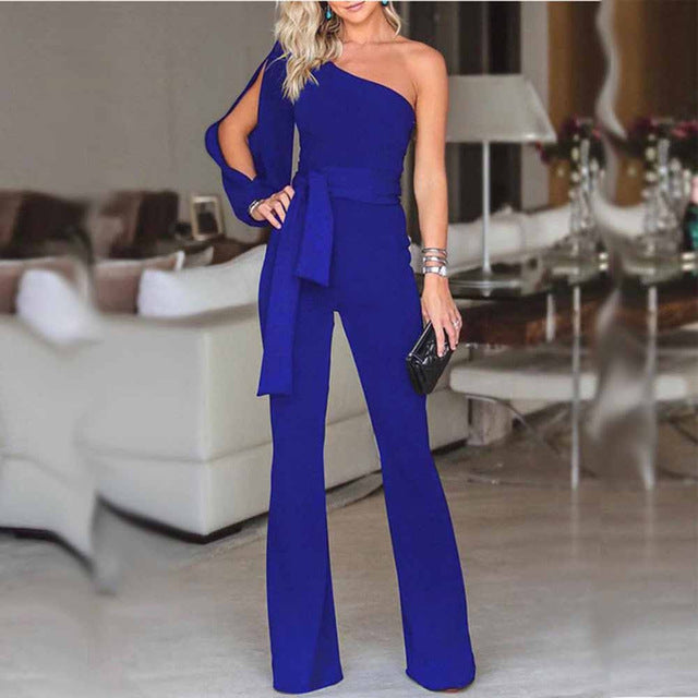 Womens Summer Casual Long Sleeve One Shoulder Wide Leg Jumpsuit - Pleasures and Sins   Pleasures and Sins