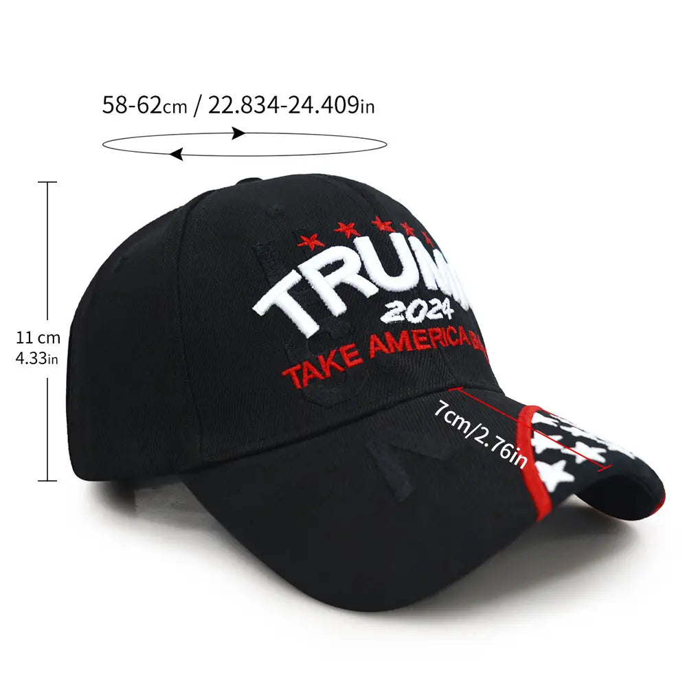 Black embroidered baseball cap with TRUMP 2024 and TAKE AMERICA, celebrating American values.