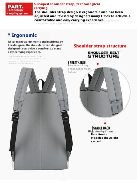 Technical diagram of ergonomic shoulder strap design for Large Capacity USB Backpack.