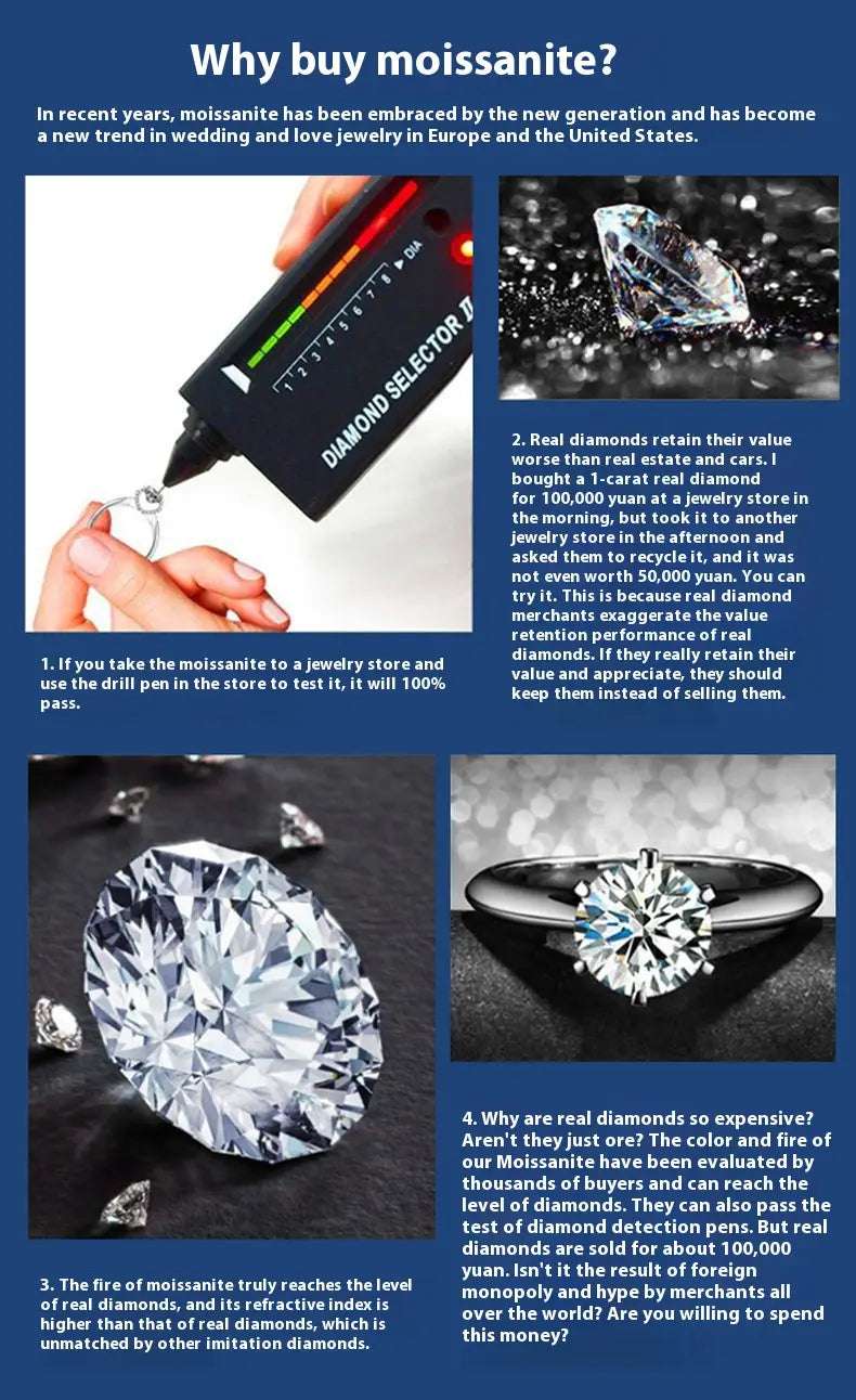 Educational infographic on moissanite diamond benefits for Snowflake Moissanite earrings.