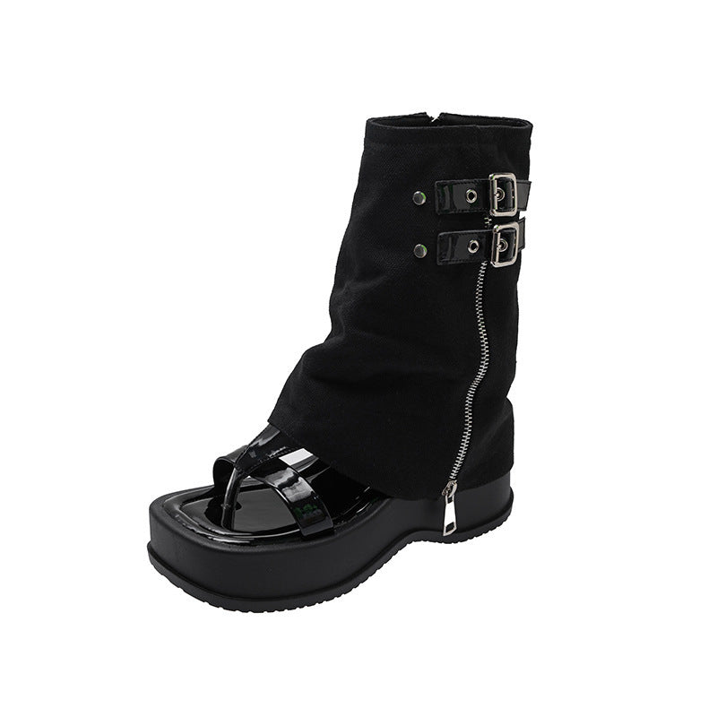 New Platform Motorcycle Fashion Tribal Pants Open Toe Boots