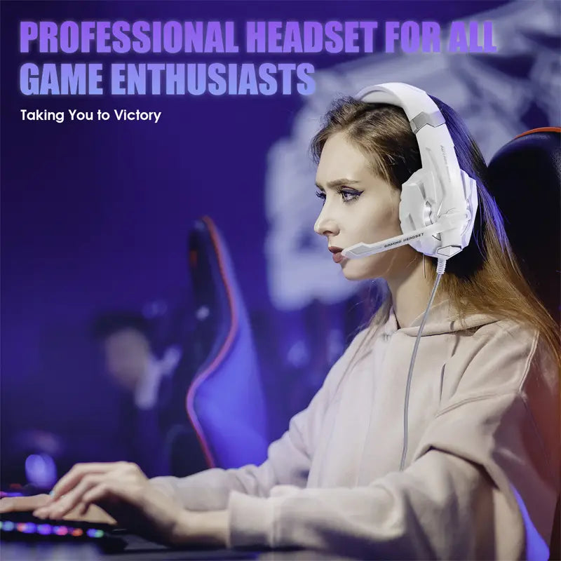 White Head Mounted Gaming Headset with Adjustable Microphone