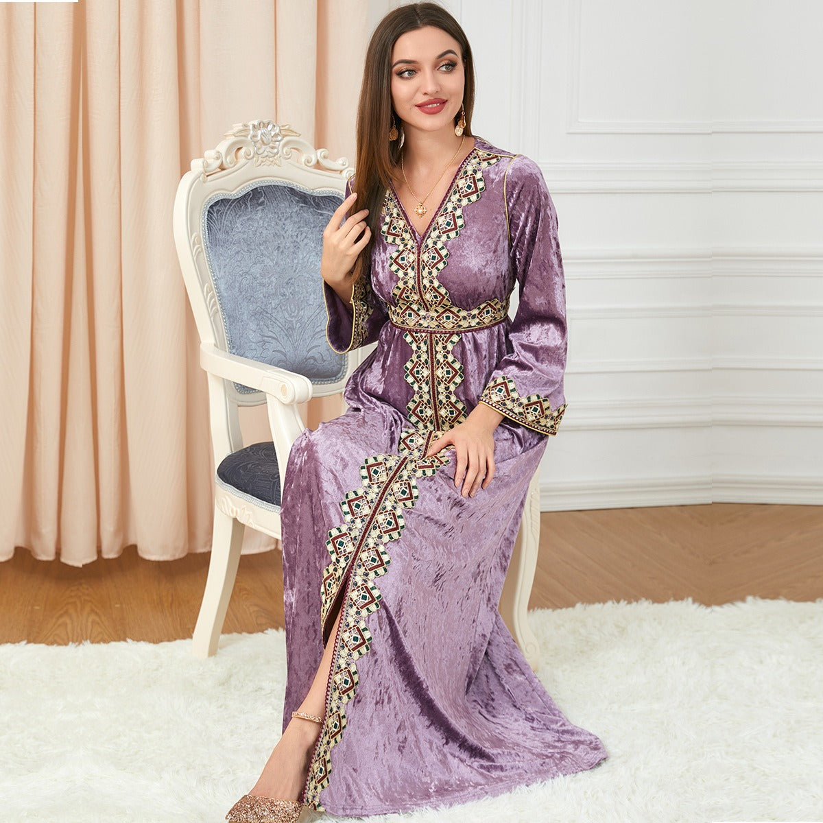 Muslim autumn, winter loose fitting long sleeved golden velvet dress - Pleasures and Sins   Pleasures and Sins