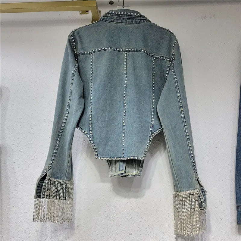 Veste en denim épais à chaîne en diamant pour femmes, design de niche