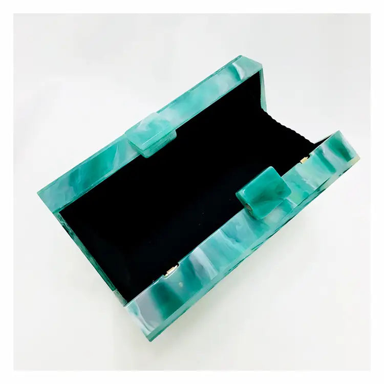 Turquoise plastic case with black interior for Emerald Green Marbled Acrylic Box Evening Handbag Luxury.