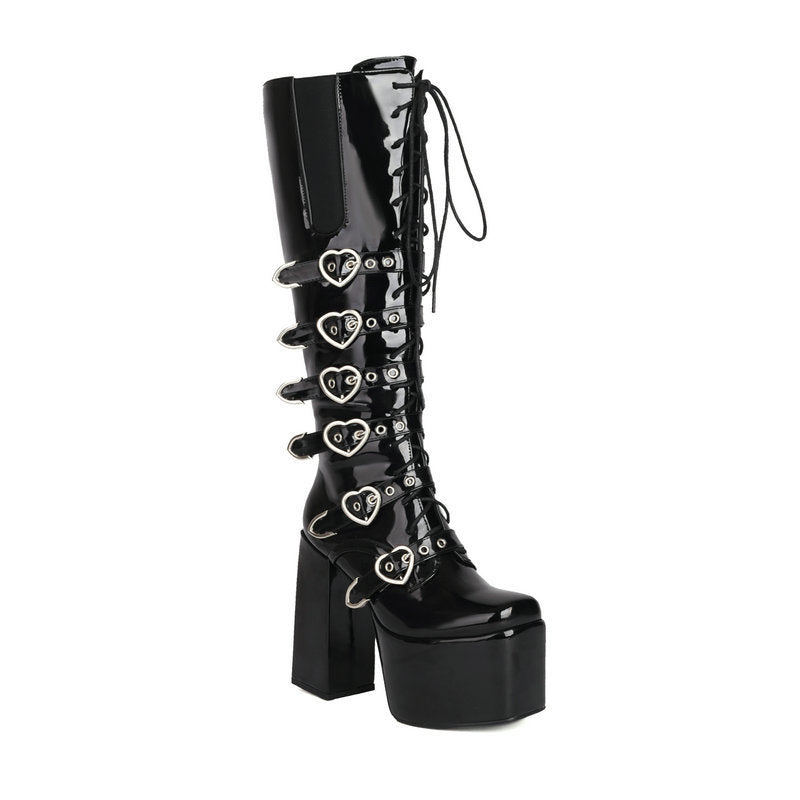 Unisex High Heel Punk Front Lace-up Multi Buckle High Leg Boots - Pleasures and Sins   Pleasures and Sins