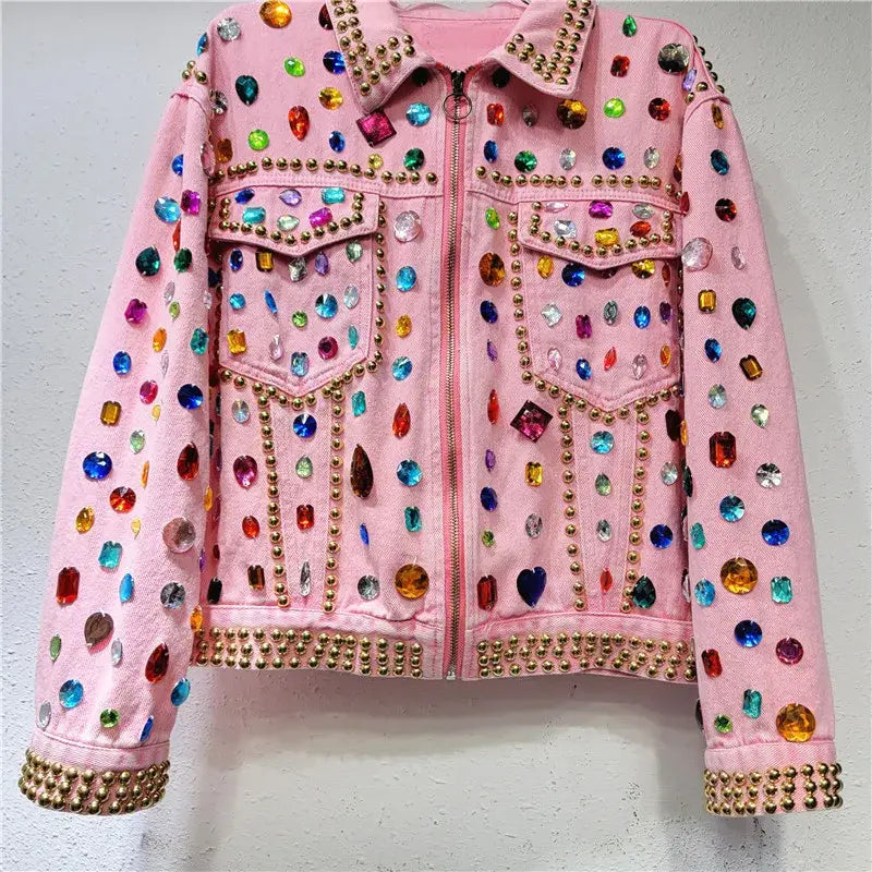 Heavy Rivet Beaded Diamond Pink Denim Jacket Long Sleeve