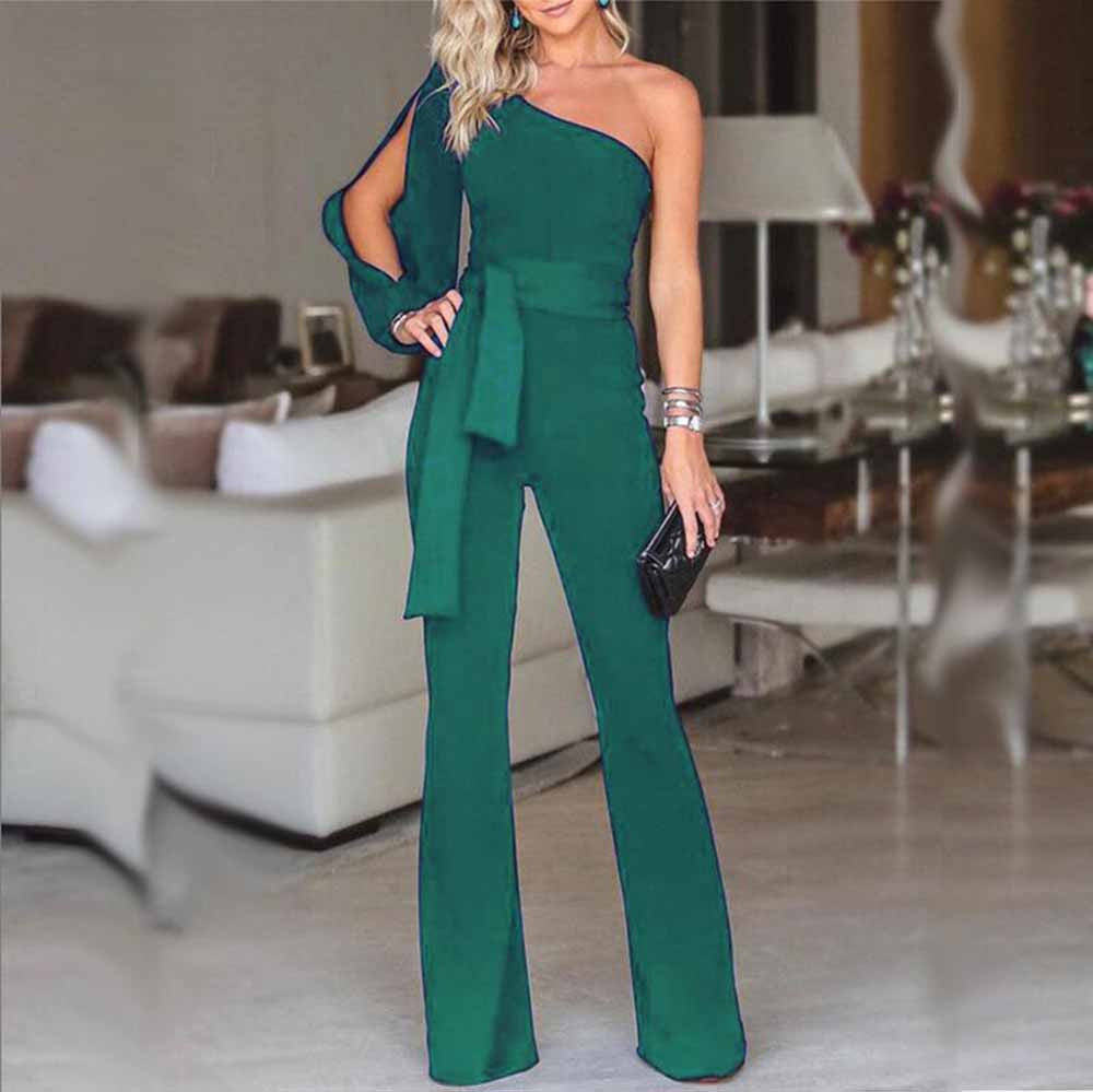 Womens Summer Casual Long Sleeve One Shoulder Wide Leg Jumpsuit - Pleasures and Sins   Pleasures and Sins