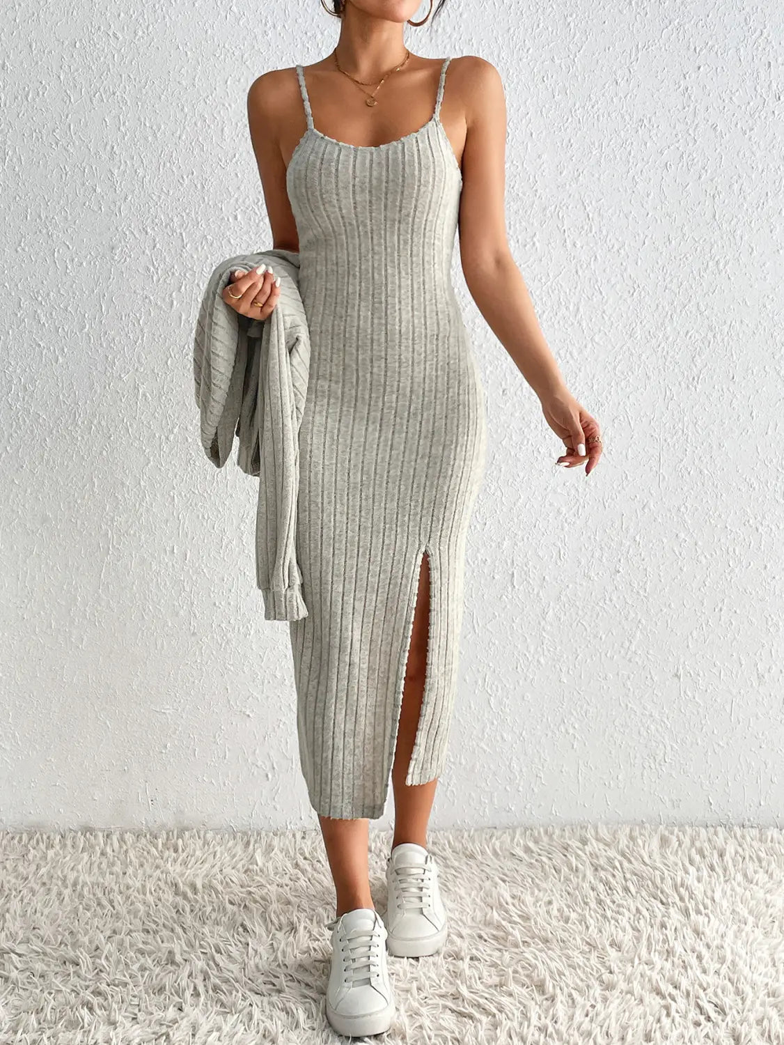 Ladies Long Sleeve Knitted Dress and Jacket Two-piece Set