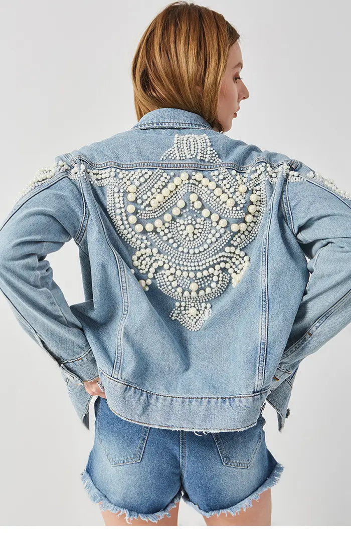 Veste en jean brodée motif perles manches longues