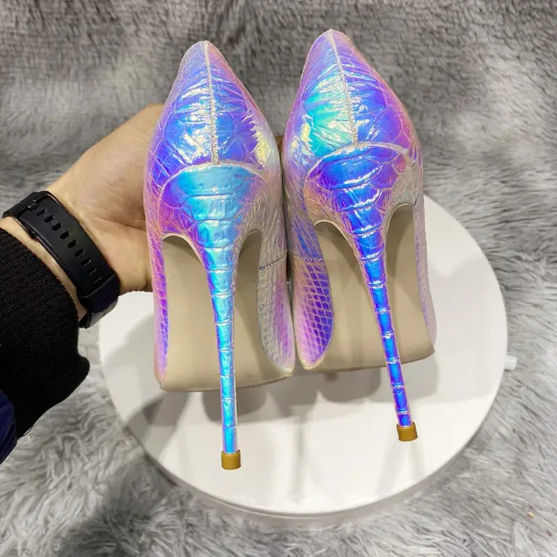 Iridescent holographic stiletto heels with metallic blue stems for silver crocodile effect womens.