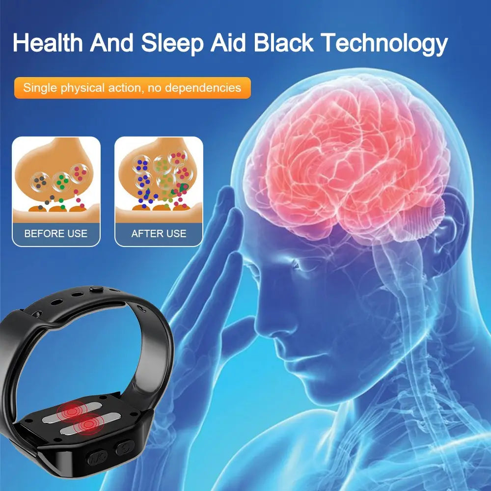 Black hand wear sleeping aid with EMS pulse therapy and red lights for better sleep.