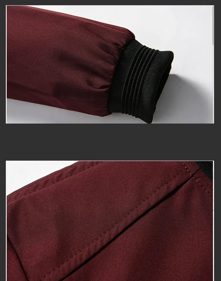 Burgundy jacket sleeve with black cuff detail on Men’s Casual Harrington Style Hooded Zipper Jacket