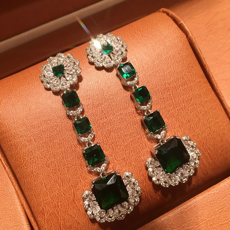 Luxurious Green Square Earrings Top Quality Cubic Zirconia Fashion Gift