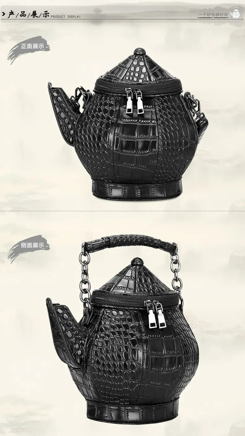 Ladies black teapot shaped shoulder bag with architectural details in textured leather.