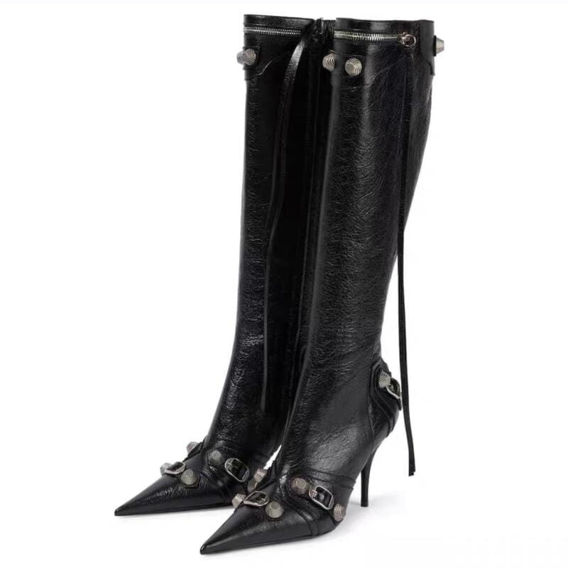 Womens Pointed Toe Metal Buckle Zipper Boots Rivet High