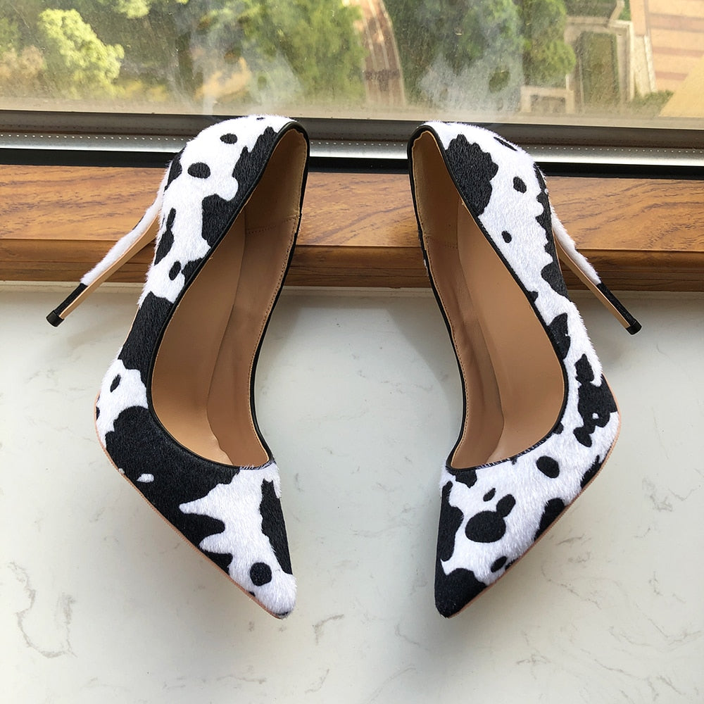 Cow Print White Hairy Flock Pointed Toe Stiletto Heel Unisex Shoes