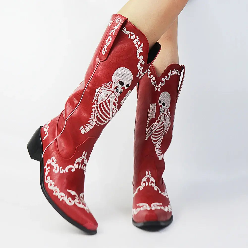 Bottes de cowgirl à talons hauts pour femmes à mi-mollet et à talons courts Skull