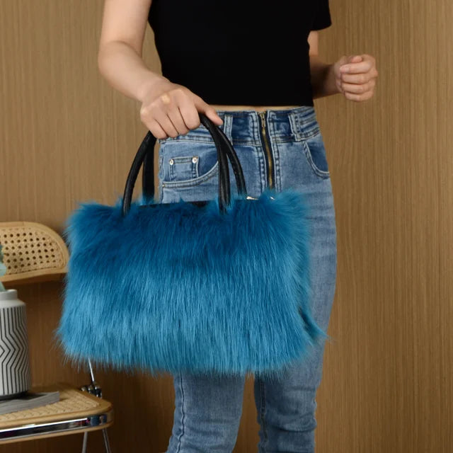 Winter Bright Color Women's Faux Fur Fluffy Boston Handbag