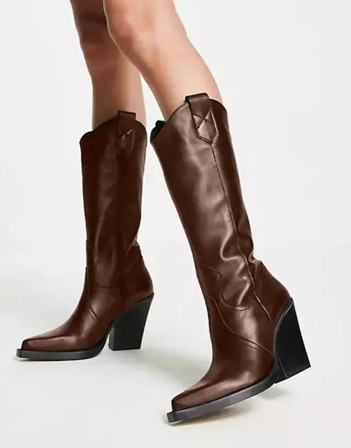 Unisex Knee High Cowboy Boots With Wedge Heels and Pointed