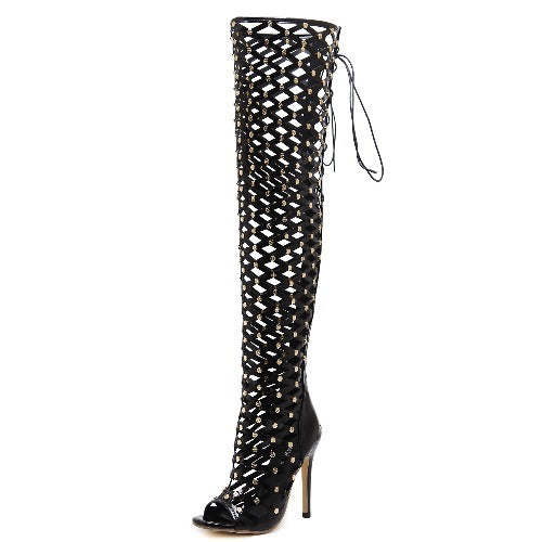 Women’s Fashionable Hollowed-out Netted Design Rivet High