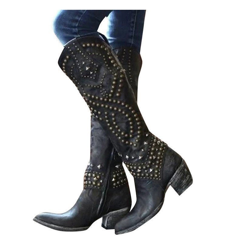 Ladies Western Cowgirl Boots With Rivet Detail and Chunky Heels