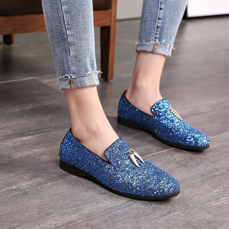 Sparkly Blue Casual Glittered Rhinestone Loafers with Tassels for trendy style.