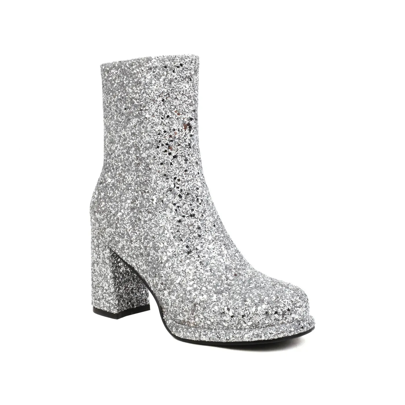 Silver glitter thick high heel ankle boot perfect for Christmas parties and festive vibes.