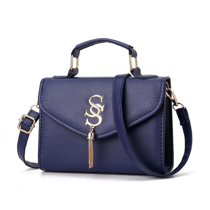 Navy blue handbag with gold tassel, perfect for stylish shoulder messenger fashion.