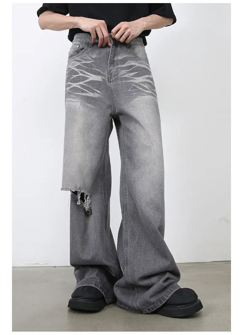 Homme Retro Washed Ripped Straight Loose Wide leg Jeans