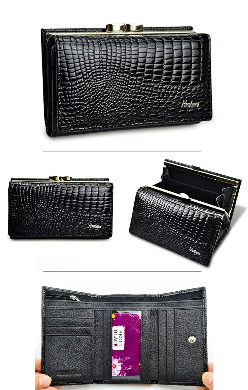 Black crocodile-textured leather wallet in a Wine Red Patent Leather Crocodile Print Purse.