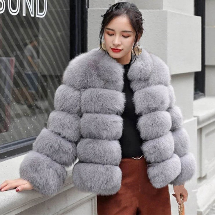 Faux Fox Fur Ladies Slimming and Stand Collar Coat