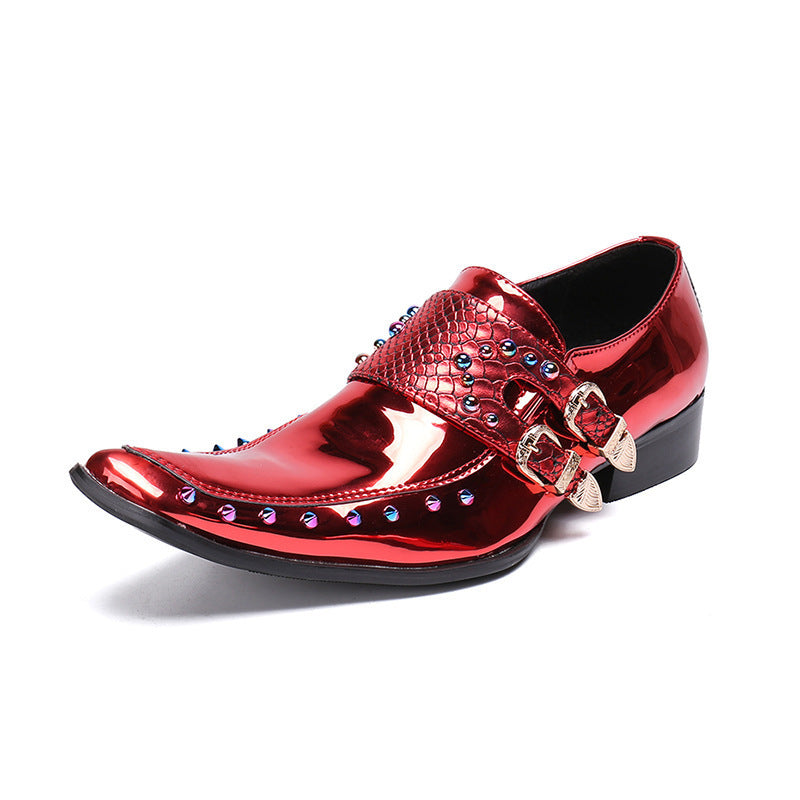 Leather Men's Pointed Patent Embossed Wine Red Shoes