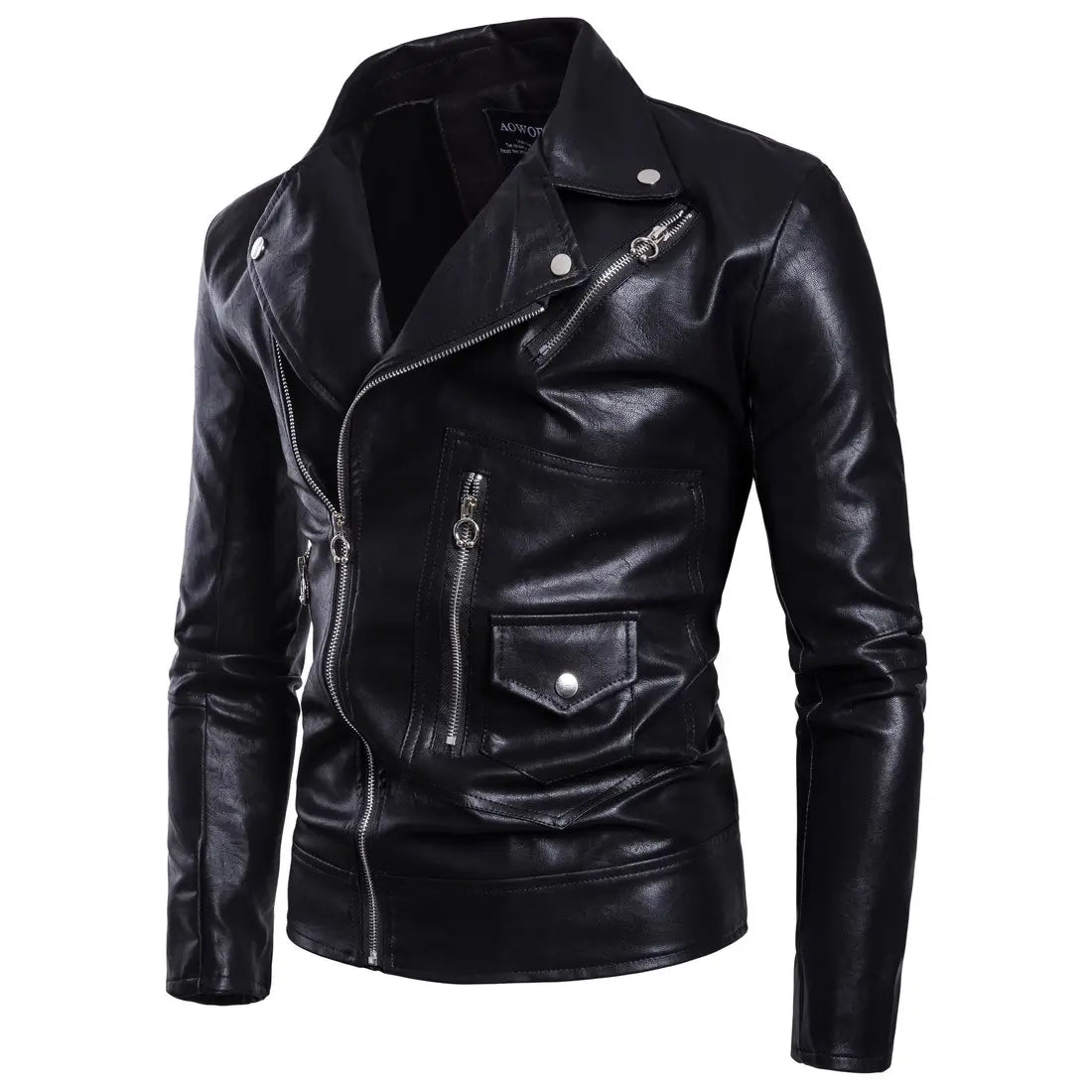 Veste de moto en faux cuir pour homme, dotée de fermetures à glissière et d'une poche à bouton pression pour un look robuste.