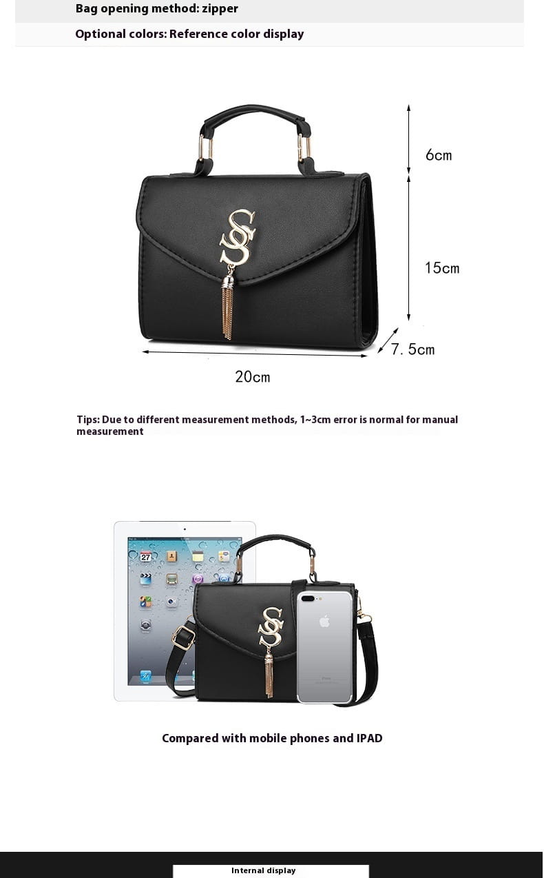 Black handbag with metallic S-shaped hardware, perfect for a stylish fashion shoulder messenger.