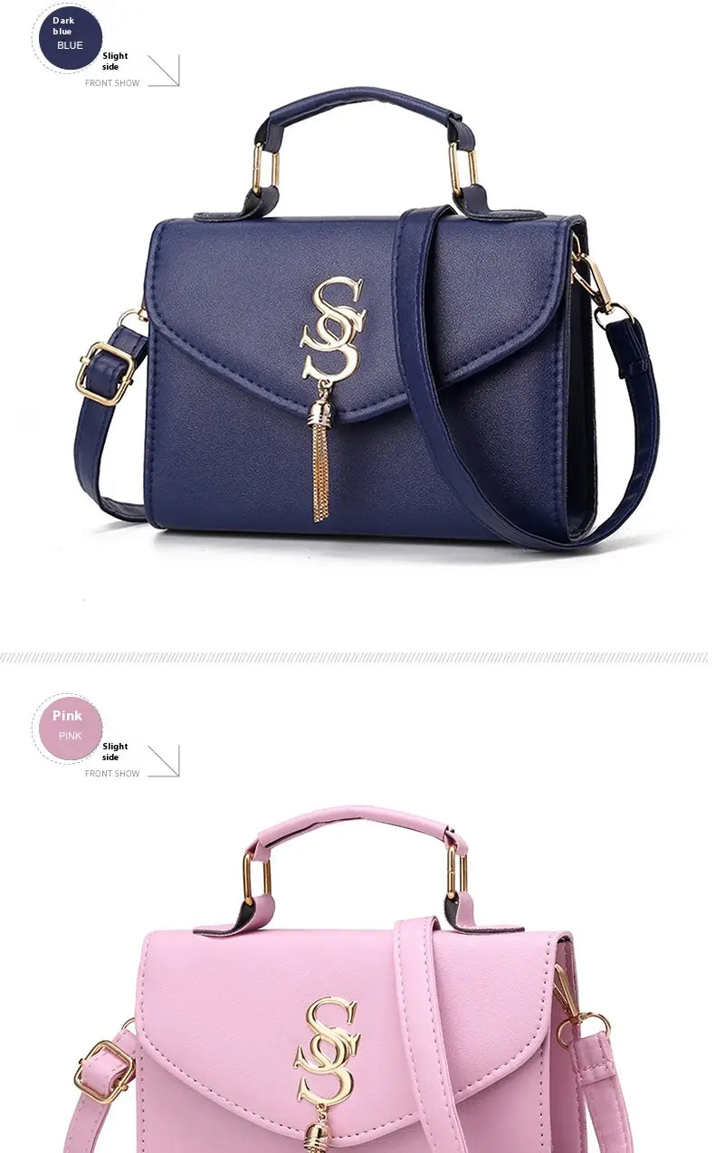 Stylish Fashion Shoulder Messenger Handbags in navy blue and pink with metal S tassels.