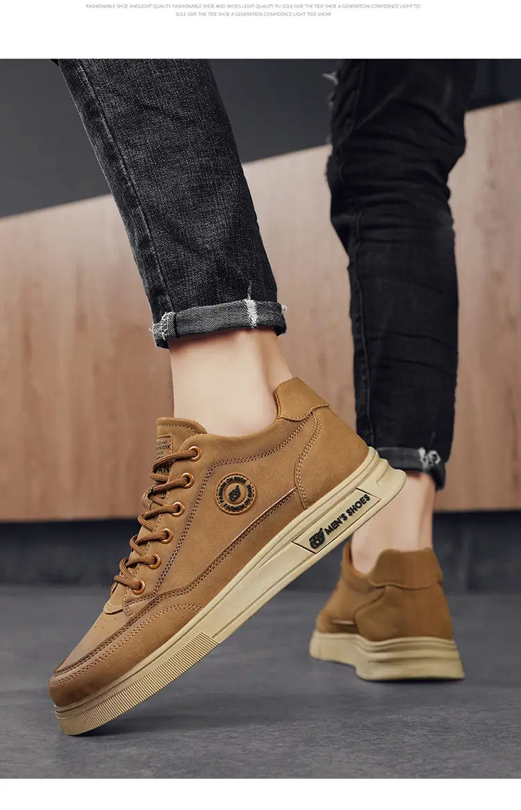 Tan suede sneakers with white soles and brown laces for men’s British style soft soled casual shoes.