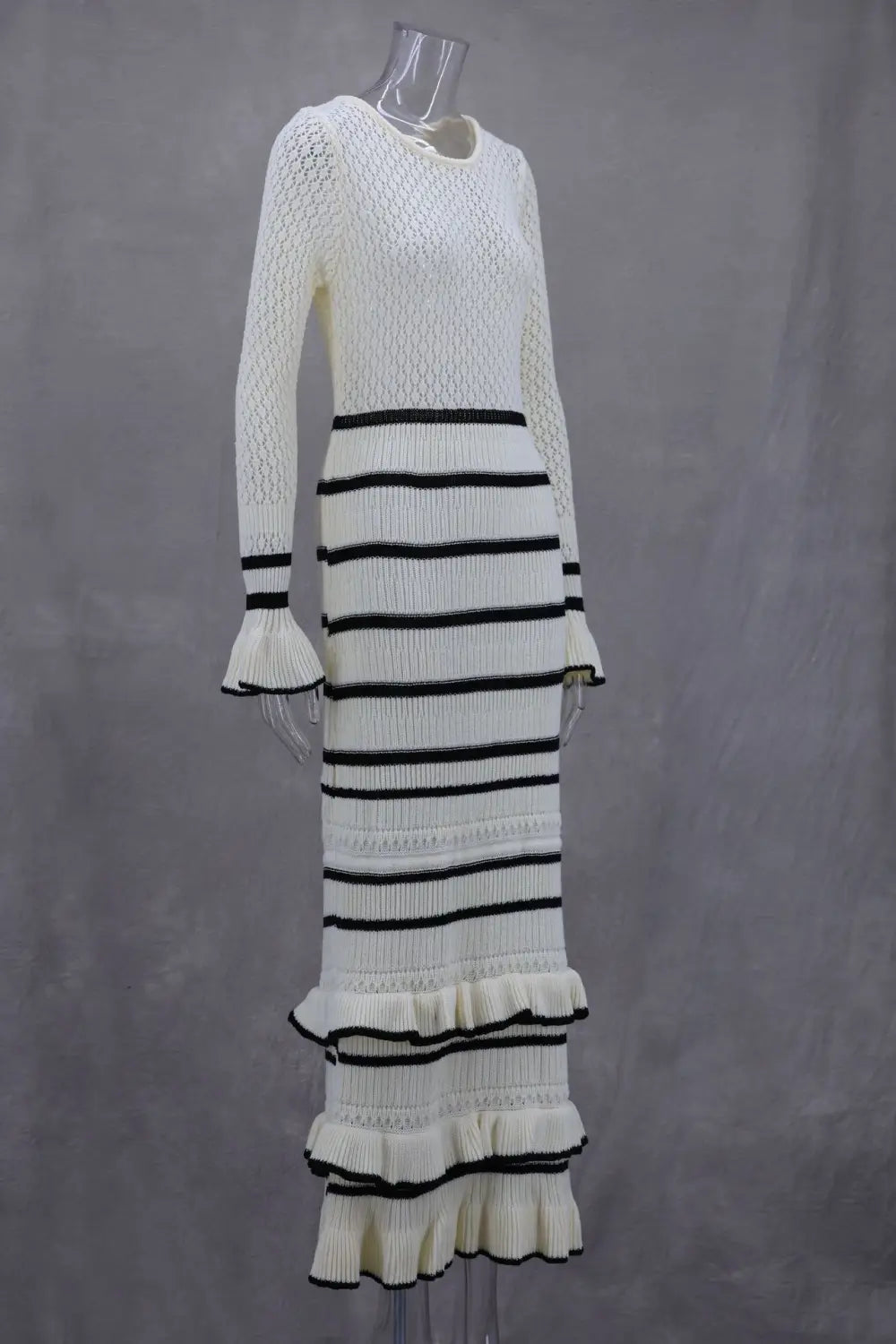 White knit maxi dress with black stripes and ruffles, perfect ladies knitted dress slim fit.