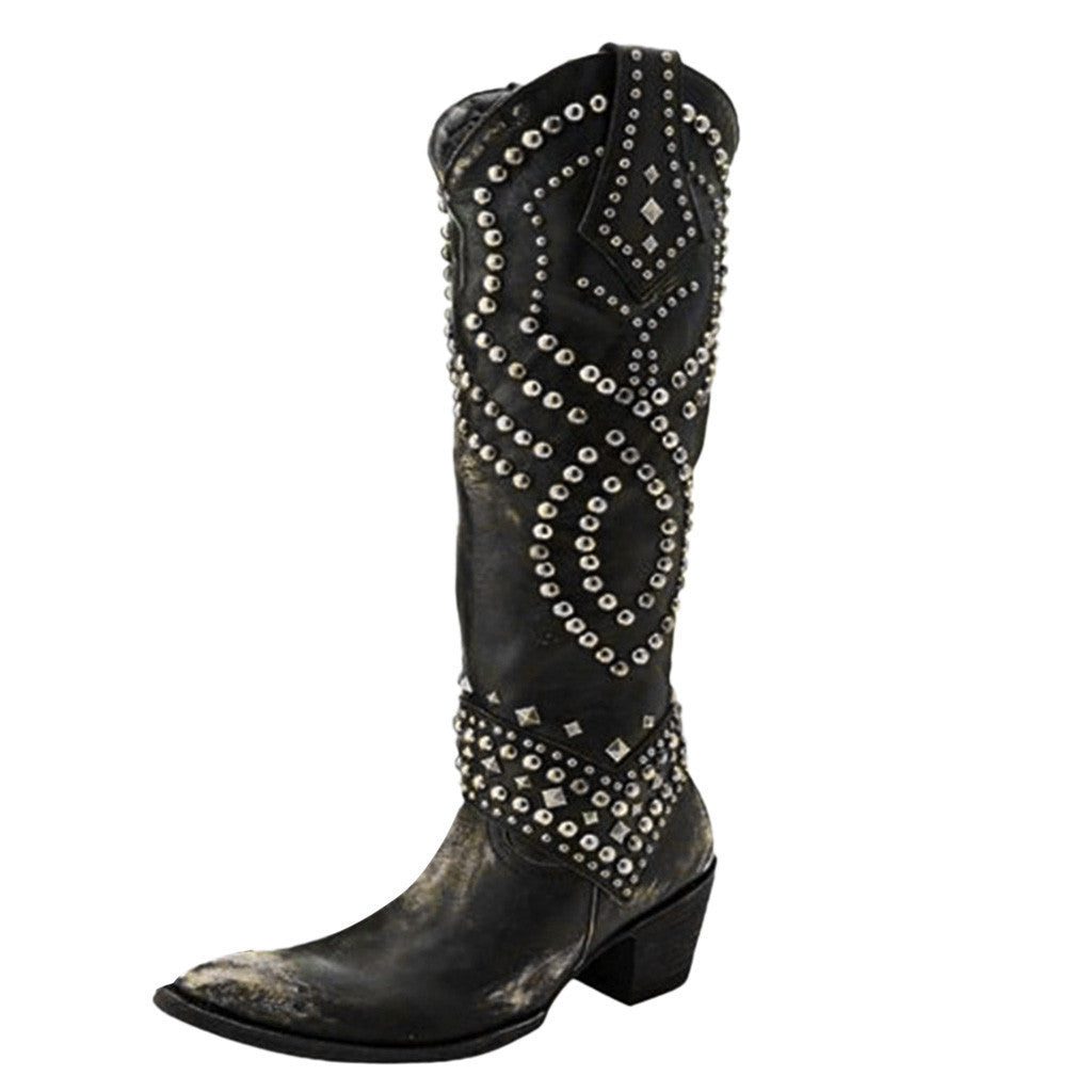 Ladies Western Cowgirl Boots With Rivet Detail and Chunky Heels