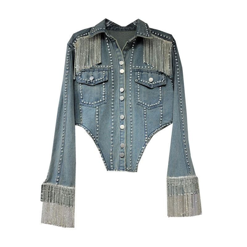 Heavy denim diamond chain jacket women's niche design slim jacket top - Pleasures and Sins   Pleasures and Sins