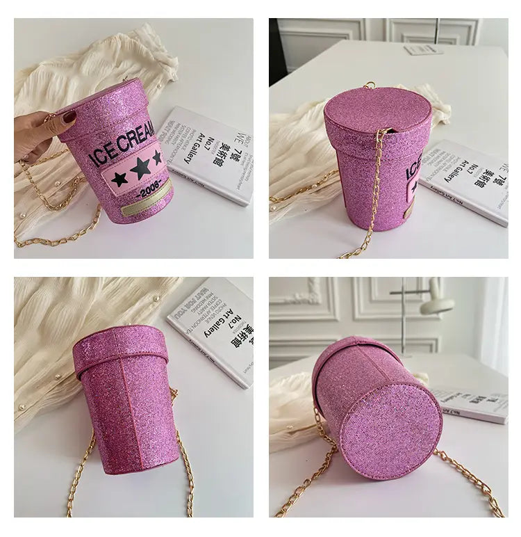 Pink glittery ice cream cup purse with gold chain, perfect sequin crossbody small bag.