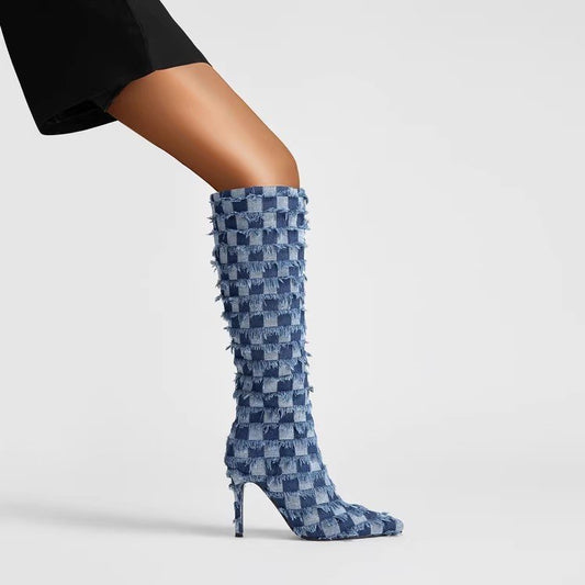 Bottes pour femmes en tissu denim bleu à carreaux à motif damier